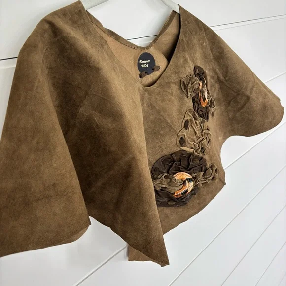 Handmade Vinatge Greenish Brown Suede Leather Poncho Topper - Picture 7 of 14